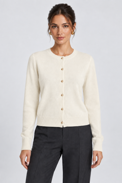 Cárdigan Alma beige, vista frontal sobre modelo